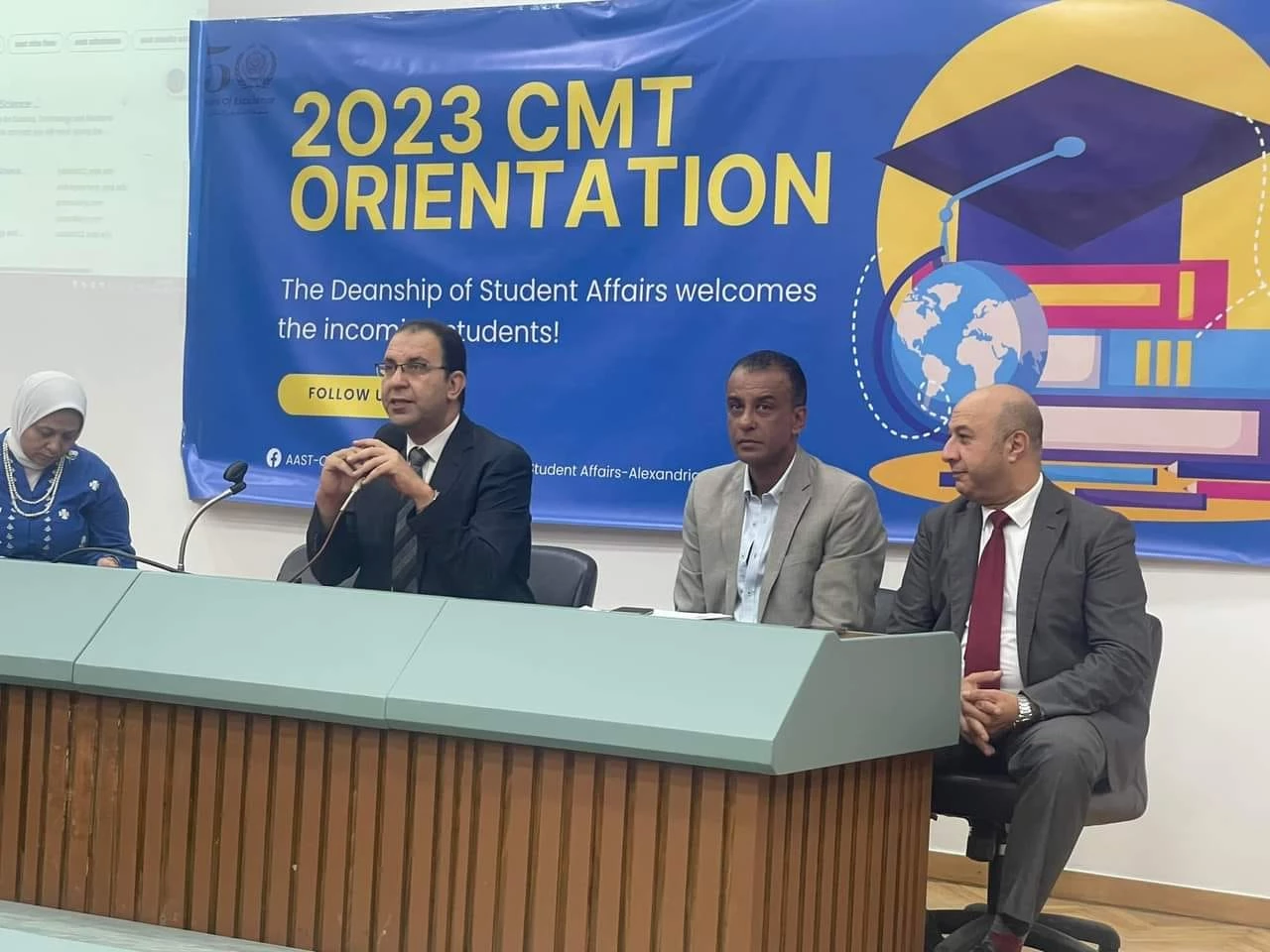 The Department of cultural and social activity in Miami organized a welcome party (ORIENTATION CMT) for new students in the presence of both Professor Dr. / vice dean for education and Dr. / vice dean for Student Affairs and all heads of departments at the College of management and technology3