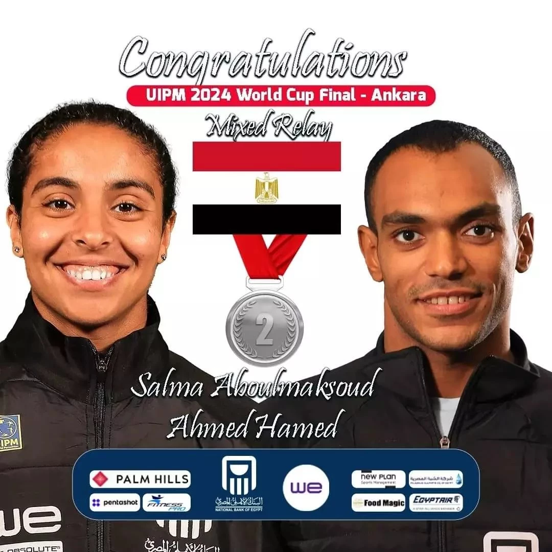Salma Ayman wins silver in the mixed relay at the final of the Modern Pentathlon World Cup in Turkey 2024 with her teammate Ahmed Hamed
