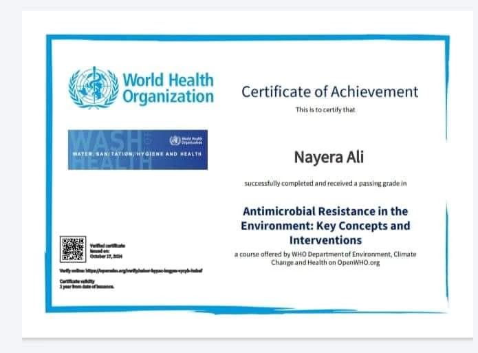 Praise be to God, the students of the Aquaculture Department participated in the course presented by the World Health Organization (WHO) on (Antimicrobial Resistance AMR) by integrating part of the academic aspect of the Aquatic Microbiology course with the practical aspect and the global trend3