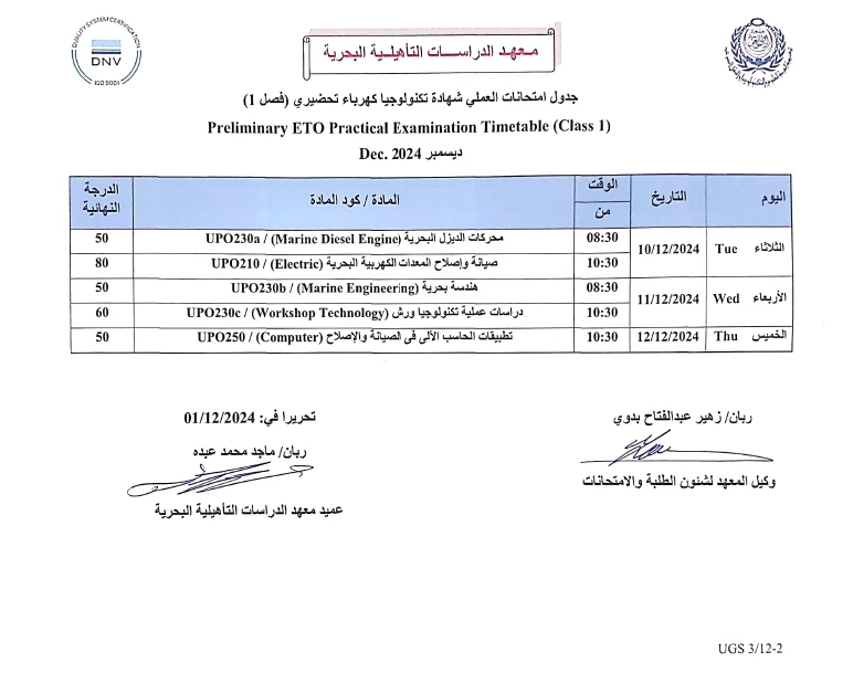 جدول امتحانات العملى شهادة تكنولوجيا كهرباء تحضيرى ــ ديسمبر 2024