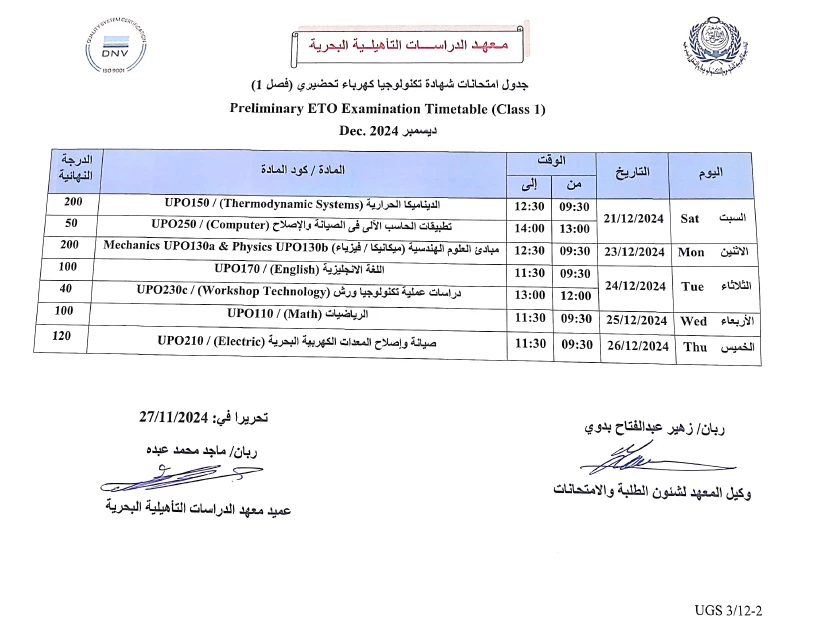 جدول امتحانات شهادة تكنولوجيا كهرباء تحضيرى ــ ديسمبر 2024