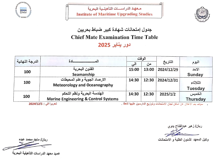 جدول امتحانات شهادة كبير ضباط بحريين دور يناير 2025