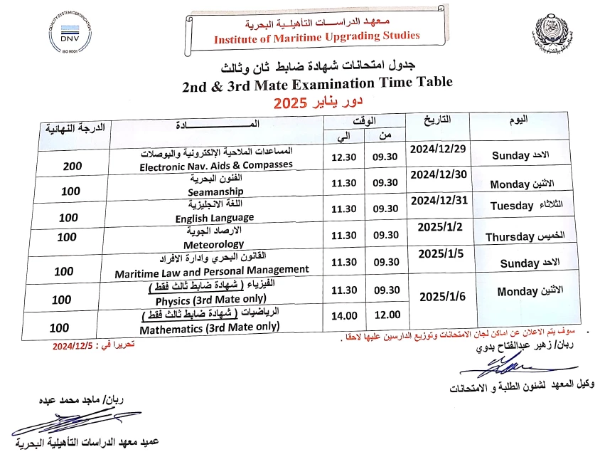 جدول امتحانات شهادة ضابط ثان وضابط ثالث دور يناير 2025