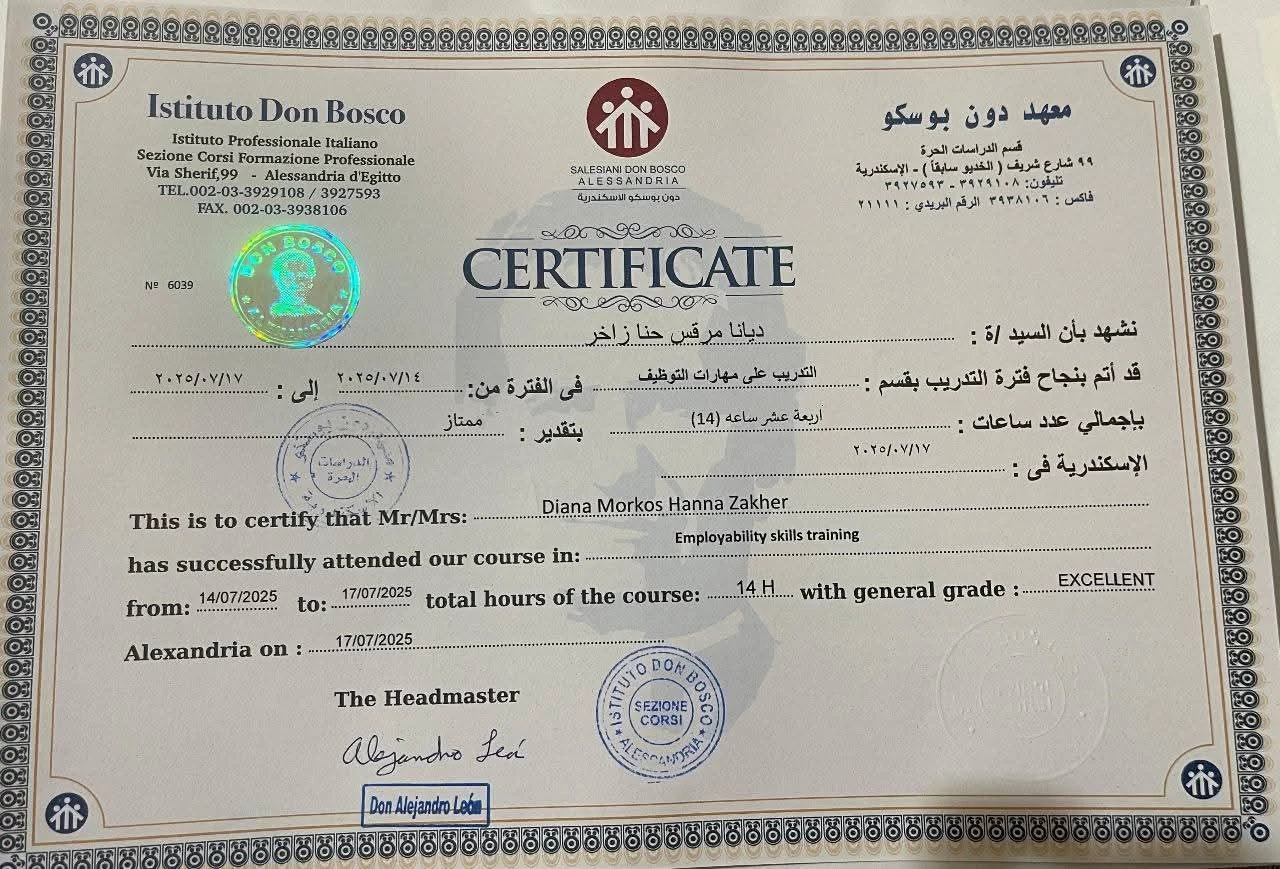 The outstanding student Diana Markos successfully completed the “Career Guidance” program organized by Caritas Egypt - Alexandria in cooperation with Caritas Austria and the Austrian Ministry of the Interior3