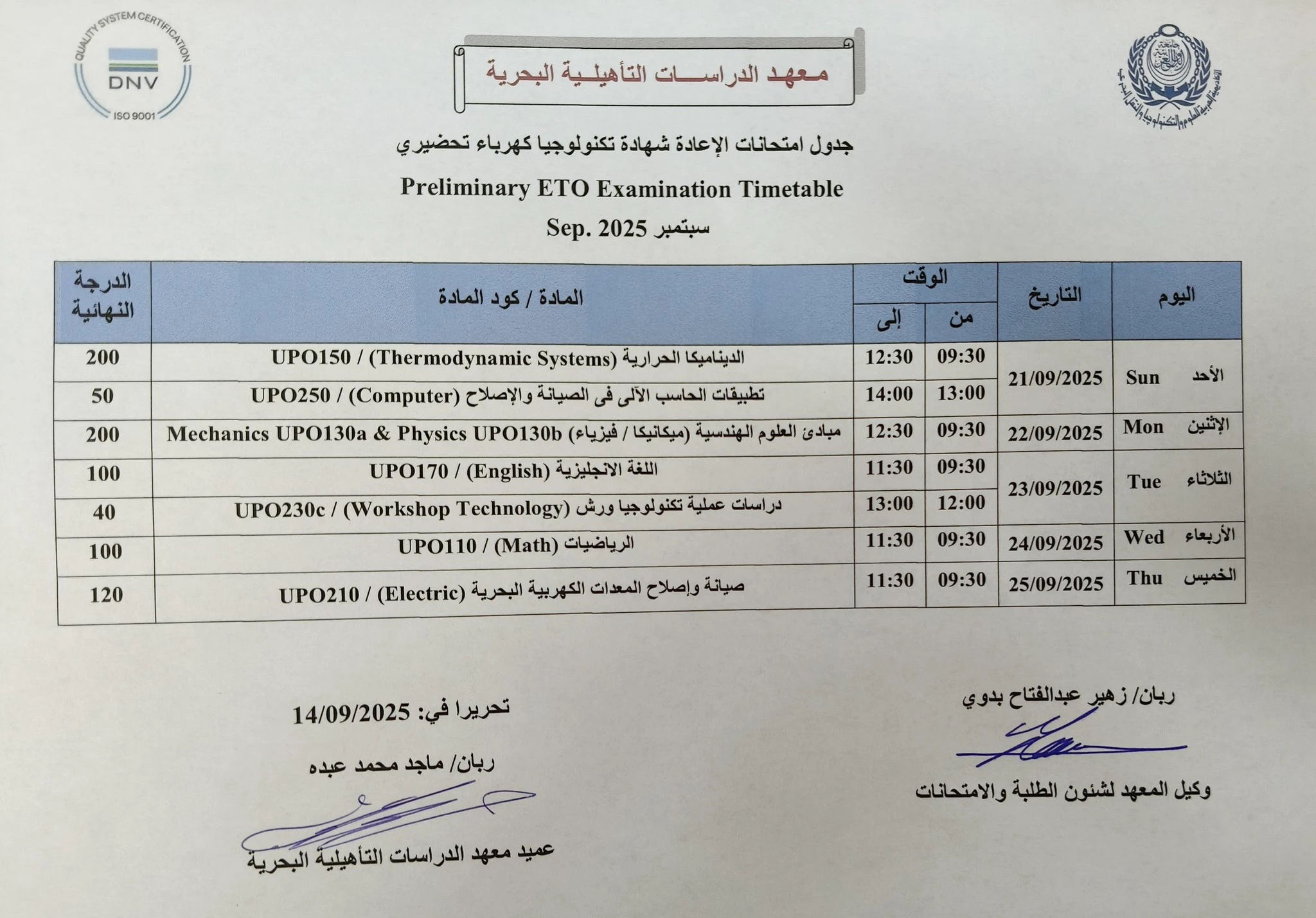 Preliminary ETO Re-Examination Timetable, September 2025