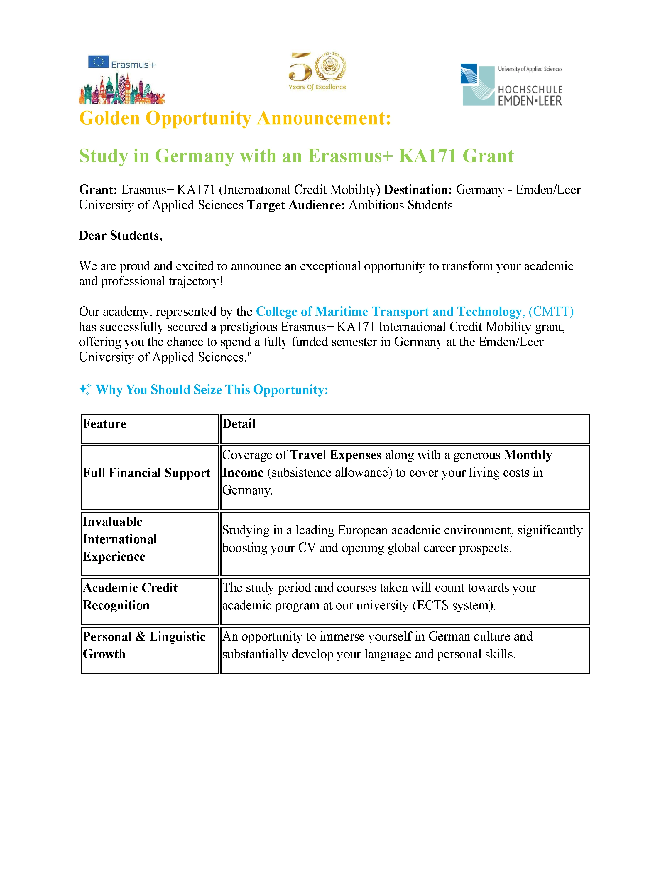 a fully funded semester in Germany at Emden/Leer University of Applied Science
