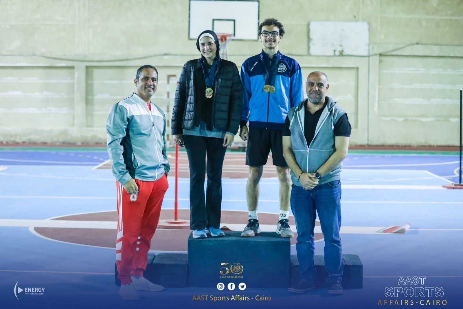 The academy was crowned in Cairo with the first place Cup in the student championship and the first place Cup in the female student championship in the private universities Speedball Championship9